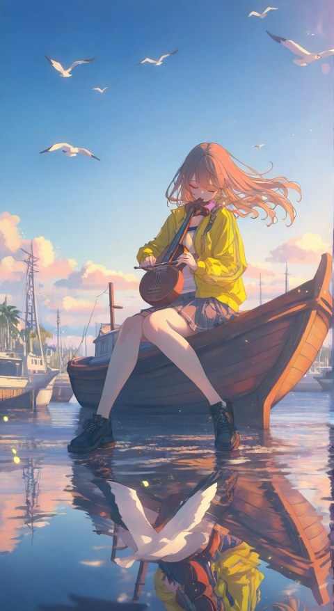 1girl, solo, long hair, skirt, brown hair, shirt, long sleeves, holding, sitting, jacket, closed eyes, outdoors, sky, day, striped, water, blue sky, floating hair, bird, wind, instrument, reflection, music, yellow jacket, playing instrument, holding instrument, boat, seagull
,depth of field,cinematic lighting,light particles,lens flare, extreme aesthetic,masterpiece,best quality,good quality,newest,very aesthetic,absurdres,A shot with tension, 32K UHD,sharp focus,best-quality,masterpiece,Emotionalization,temperate atmosphere,with a high-end texture,(Tyndall Effect 1.4),(wlop:0.6),year 2024:0.8),[[artist:rhasta]],colorful,best quality,very aesthetic,absurdres,32K UHD,sharp focus,best-quality,Emotionalization,temperate atmosphere,with a high-end texture,in the style of fashion photography,Dynamic,dynamic force picture,(Visual impact:1.2),The Ninth Art,impactful picture,offcial art,colorful,movie perspective, masterpiece,skin details,cyzf,