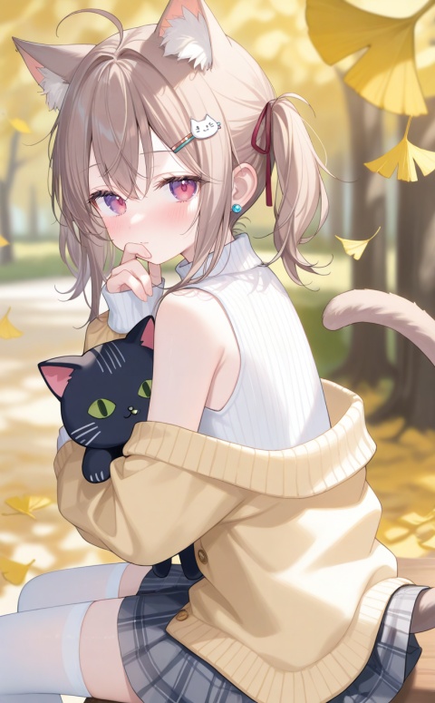 masterpiece,absurdres,best quality,((petite)),high quality,chromatic_aberration,
//,
1girl, ginkgo_leaf, solo, hair_ornament, brown_hair, leaf, sleeves_past_wrists, holding_leaf, long_hair, sweater, hairclip, purple_eyes, blurry_background, blurry, white_sweater, long_sleeves, plaid, autumn_leaves, plaid_jacket, dress, upper_body, depth_of_field, earrings, autumn, black_dress, hair_between_eyes, outdoors, looking_back, sleeveless_dress, holding, falling_leaves, looking_at_viewer, blush, jewelry, jacket, white_shirt, shirt, english_text, ribbed_sweater, sleeveless,ahoge, animal ear fluff, animal ears, blush, brown hair, cardigan, cat, cat ears, cat girl, cat hair ornament, cat tail, grey skirt, hair ornament, hairclip, hand to own mouth, hugging object, looking at viewer, plaid clothes, plaid skirt, red eyes, ribbon, shirt, short hair, short twintails, sitting, skirt, sleeves past wrists, stuffed animal, stuffed cat, stuffed toy, tail, thighhighs, thighs, twintails, white shirt, white thighhighs, yellow cardigan, zettai ryouiki
//,
(momoko_(momopoco):0.9),(momomoi_momoi:0.8),(misyune:0.75),(meion:1),(miwano_rag:0.6),(myowa:0.7),(myuu_(arisumeria):0.7),(myusha:0.9),