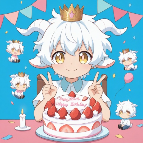 masterpiece, best quality, ultra cute, chibi, anime style, young goat boy, male focus, white short hair, fluffy white hair, short white horns, white horns, golden eyes, shiny golden pupils, cute boyish face, innocent expression, happy smile, small crown on head, sitting on a cute chair, making a peace sign, v gesture, round table in front of him, birthday cake on the table, strawberry cream cake, colorful sprinkles, lit candle, party background, pastel pink and blue tones, confetti, balloons, kawaii, adorable, soft lighting, warm color palette, clean outline, cel shading, cute anime illustration, half body, portrait composition, focus on face and cake, centered composition