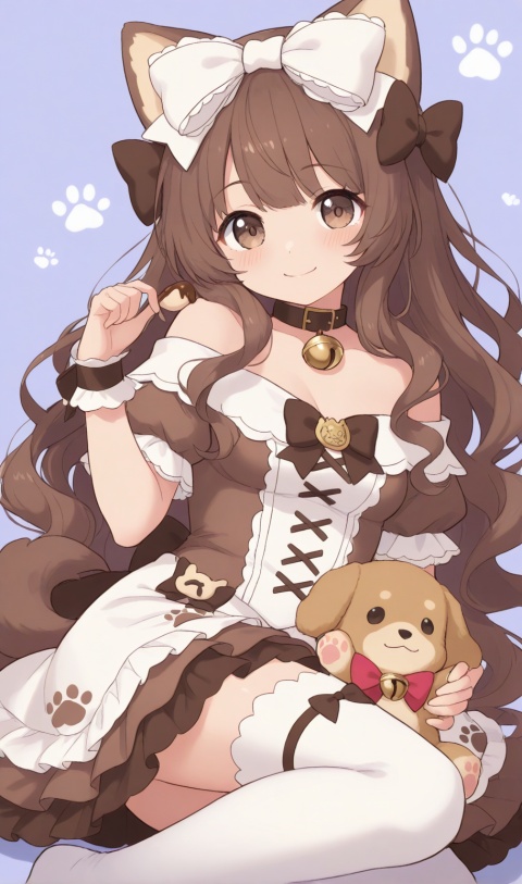 (masterpiece, best quality, ultra-detailed:1.3), 1girl, magical girl, dog girl, droopy puppy ears, tail, sweet lolita, cute and warm-hearted, no street fashion, long caramel-brown wavy hair, bone-shaped hair bow, chocolate brown eyes, off-shoulder brown puppy theme lolita dress, dog-collar choker with miniature bell, paw-print white thigh-high socks, no wand, no staff, holding a dog plush toy, sweet smile, strong color contrast, deep indigo background