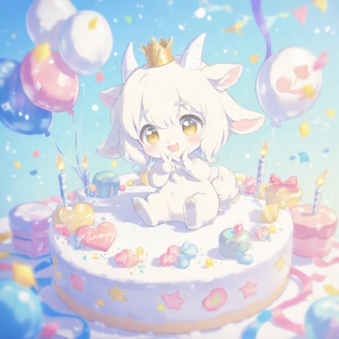 masterpiece, best quality, ultra cute, chibi, furry character, goat girl, white fluffy fur, short white horns, white horns, golden eyes, shiny eyes, hooves, small crown, happy expression, making a peace sign, v gesture, birthday cake in front of her, holding a small candle, colorful sprinkles, pastel pink and blue background, confetti, party balloons, kawaii, adorable, soft lighting, warm color palette, clean outline, cel shading, anime style, cute illustration, detailed cake, soft shadows, full body, centered composition