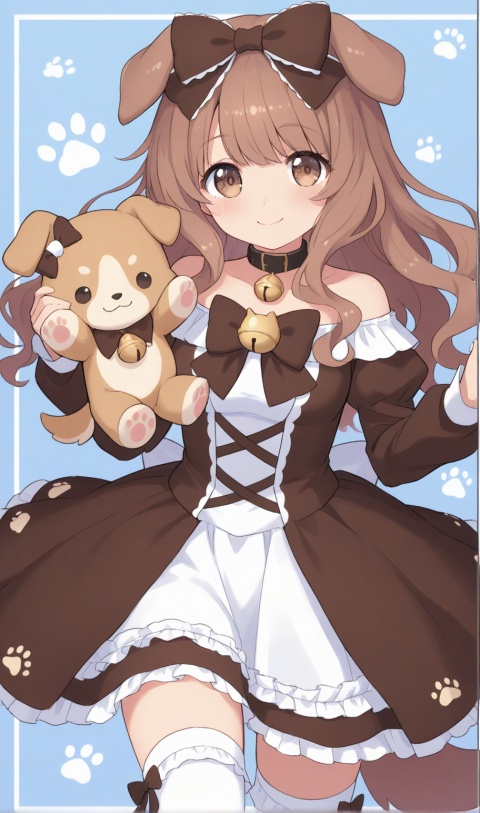 (masterpiece, best quality, ultra-detailed:1.3), 1girl, magical girl, dog girl, droopy puppy ears, tail, sweet lolita, cute and warm-hearted, no street fashion, long caramel-brown wavy hair, bone-shaped hair bow, chocolate brown eyes, off-shoulder brown puppy theme lolita dress, dog-collar choker with miniature bell, paw-print white thigh-high socks, no wand, no staff, holding a dog plush toy, sweet smile, strong color contrast, deep indigo background