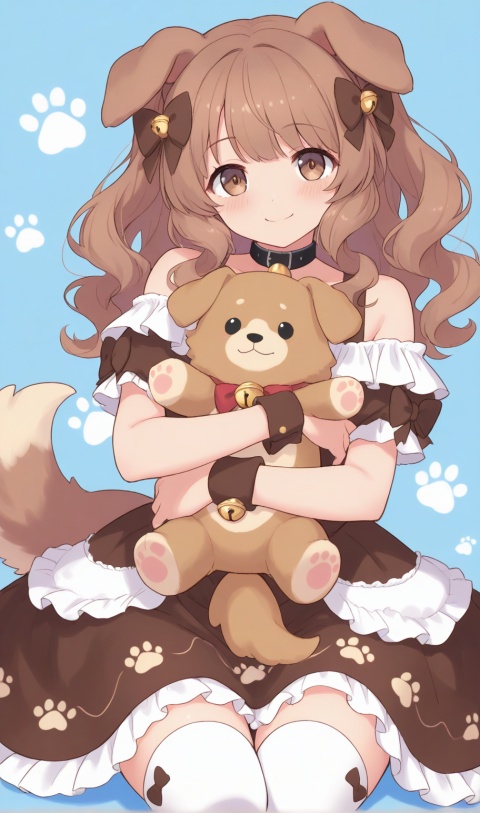 (masterpiece, best quality, ultra-detailed:1.3), 1girl, magical girl, dog girl, droopy puppy ears, tail, sweet lolita, cute and warm-hearted, no street fashion, long caramel-brown wavy hair, bone-shaped hair bow, chocolate brown eyes, off-shoulder brown puppy theme lolita dress, dog-collar choker with miniature bell, paw-print white thigh-high socks, no wand, no staff, holding a dog plush toy, sweet smile, strong color contrast, deep indigo background