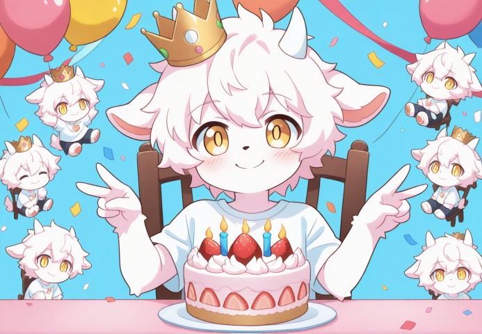 masterpiece, best quality,furry, ultra cute, chibi, anime style, young goat boy, male focus, white short hair, fluffy white fur, short white horns, white horns, golden eyes, shiny golden pupils, cute boyish face, innocent expression, happy smile, small crown on head, sitting on a cute chair, making a peace sign, v gesture, round table in front of him, birthday cake on the table, strawberry cream cake, colorful sprinkles, lit candle, party background, pastel pink and blue tones, confetti, balloons, kawaii, adorable, soft lighting, warm color palette, clean outline, cel shading, cute anime illustration, half body, portrait composition, focus on face and cake, centered composition, white T-shirt