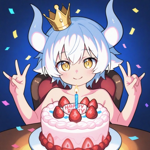 masterpiece, best quality, ultra cute, chibi, anime style, young goat boy, male focus, white short hair, fluffy white hair, short white horns, white horns, golden eyes, shiny golden pupils, cute boyish face, innocent expression, happy smile, small crown on head, sitting on a cute chair, making a peace sign, v gesture, round table in front of him, birthday cake on the table, strawberry cream cake, colorful sprinkles, lit candle, party background, pastel pink and blue tones, confetti, balloons, kawaii, adorable, soft lighting, warm color palette, clean outline, cel shading, cute anime illustration, half body, portrait composition, focus on face and cake, centered composition