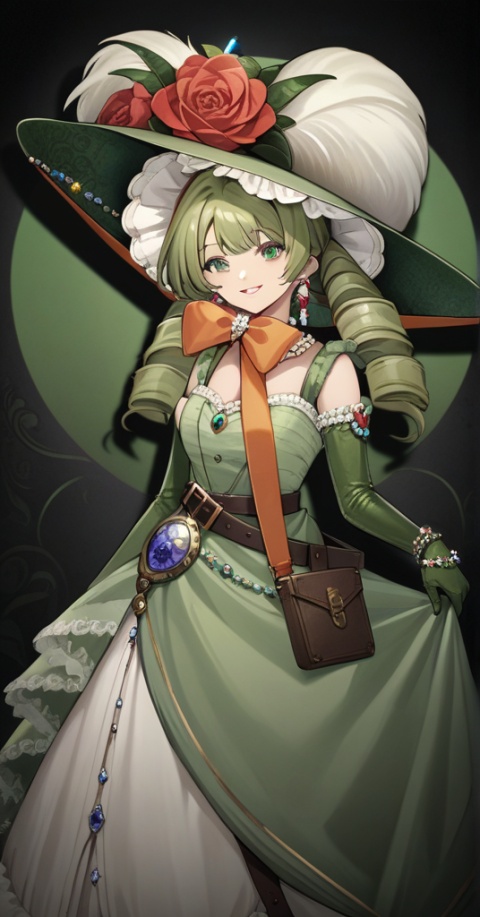  (best quality), ((masterpiece)), (highres), illustration, original, extremely detailed wallpaper.1girl, solo, gloves, green eyes, dress, flower, green dress, elbow gloves, gem, smile, looking at viewer, drill hair, hat, green gemstone, hat feather, belt, rose, jewelry, bangs, hat flower, twin drills, black background, frills, bow, green gloves, red flower, long hair, bonnet, green hair, parted lips, orange bow