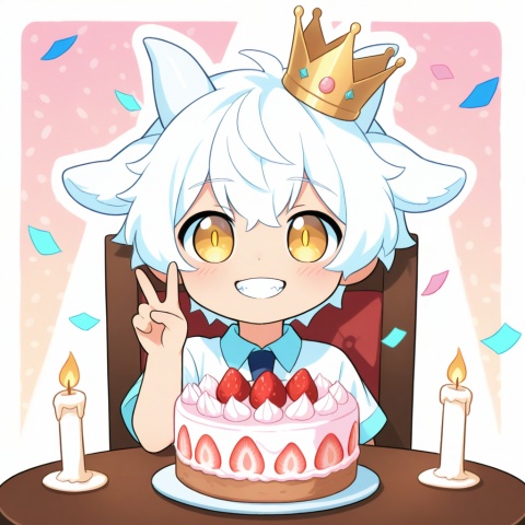 masterpiece, best quality, ultra cute, chibi, anime style, young goat boy, male focus, white short hair, fluffy white hair, short white horns, white horns, golden eyes, shiny golden pupils, cute boyish face, innocent expression, grinning, toothy smile, happy open smile, small crown on head, sitting on a cute chair, one hand making a peace sign, v gesture, other hand resting on the table, round table in front of him, birthday cake on the table, strawberry cream cake, colorful sprinkles, lit candle, party background, pastel pink and blue tones, confetti, balloons, kawaii, adorable, soft lighting, warm color palette, clean outline, cel shading, cute anime illustration, half body, portrait composition, focus on face and cake, centered composition