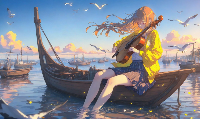 1girl, solo, long hair, skirt, brown hair, shirt, long sleeves, holding, sitting, jacket, closed eyes, outdoors, sky, day, striped, water, blue sky, floating hair, bird, wind, instrument, reflection, music, yellow jacket, playing instrument, holding instrument, boat, seagull
,depth of field,cinematic lighting,light particles,lens flare, extreme aesthetic,masterpiece,best quality,good quality,newest,very aesthetic,absurdres,A shot with tension, 32K UHD,sharp focus,best-quality,masterpiece,Emotionalization,temperate atmosphere,with a high-end texture,(Tyndall Effect 1.4),(wlop:0.6),year 2024:0.8),[[artist:rhasta]],colorful,best quality,very aesthetic,absurdres,32K UHD,sharp focus,best-quality,Emotionalization,temperate atmosphere,with a high-end texture,in the style of fashion photography,Dynamic,dynamic force picture,(Visual impact:1.2),The Ninth Art,impactful picture,offcial art,colorful,movie perspective, masterpiece,skin details,cyzf,