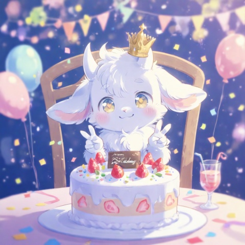 masterpiece, best quality, ultra cute, chibi, furry goat boy, male, white fluffy fur, fluffy cheeks, soft fur, detailed fur texture, fine fur strands, plush texture, fuzzy woolly fur, short white horns, white horns, golden eyes, shiny golden pupils, small crown on head, cheerful smile, sitting on a cute chair, making a peace sign, v gesture, hooves, round table in front of him, birthday cake on the table, strawberry cream cake, colorful sprinkles, lit candle, party background, pastel pink and blue tones, confetti, balloons, kawaii, adorable, soft lighting, warm color palette, clean outline, cel shading, cute anime illustration, half body, portrait composition, focus on face and cake, centered compositionyoung boy, tiny body, shota,cute
