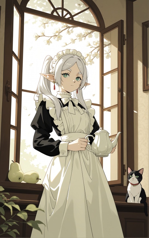 wallpaper, vertical 9:16, 1girl, Frieren, elf, pointed ears, long silver white hair, split bangs, emerald green eyes, fair skin, ruby drop earrings, calm gentle expression, vintage British maid outfit, black long sleeve top, Kitty,white ruffled apron, white bow tie, white maid headband, holding the teapot, standing inside half-open white wooden French window, a black-and-white tuxedo cat on windowsill, yellow-green pupils, blooming white pear blossoms and green branches winding window frame, sheer white gauze curtain, soft afternoon side backlight, gentle diffused light, retro Japanese anime illustration, delicate flat color, low saturation fresh color, peaceful healing atmosphere, ultra detailed hair fabric petals, 8k, shallow depth of field
--ar 9:16 --niji 5