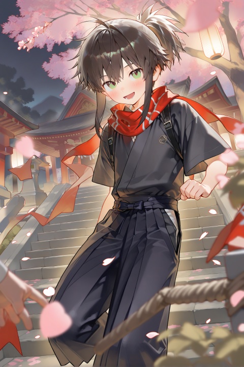bishonen, Tsukishin, cute boy, (colorful), highres, best quality, newest, depth of field, flooding light, (Tyndall effect), real, real_life_style, 3D style, shota, solo focus, sharp focus, ((masculine figure)), face focus, looking at another, japanese pants with side cutouts, black tabi, innocent expression, correct_anatomy, fully clothed, (side cutouts), shrine, dynamic, thin scarf around neck, whipping_scarf_(back), red scarf, dusk, brown hair, ponytail, long sidelocks, fluffy bangs, green eyes, happy, lower teeth, double ahoge, red obijime, ninja_clothing, (cutouts on sides), exposed side waist, complex ninja clothing, complex clothing, (kyudo hakama), natural lighting, thin clothes, japanese festival, dynamic, turning back, side_glance, warmful_lighting, backlighting, romantic mood, sideview, standing, sakura tree, giant tree, standing, from behind, looking over shoulder, dynamic angle, petal falls on shoulder, japanese yard, streamers, sakura, windy, petals_in_wind, chubby face, nature, realistic background, detailed background, teenage boy, wooden railing, stairs, ((good hand)), correct fingers, warm natural lighting, japanese_ropes,  night, twilight, light clothing, blurred foreground, detailed background, realistic background