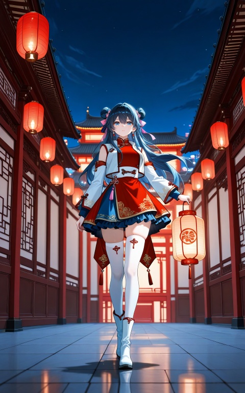 depth of field,masterpiece,best quality,very aesthetic,alternate costume,alternate costume,2024,2023,perfect composition,ultra-detailed,extreme aesthetic,masterpiece,best quality,good quality,newest,year 2024,year 2023,very aesthetic,absurdres,looking_at_viewer,colorful,,
lvjing, 1girl, lantern, dress, black hair, long hair, chinese clothes, red dress, double bun, detached sleeves, hair bun, jewelry, east asian architecture, paper lantern, architecture, earrings, hair ornament, night, full body, hair rings, thighhighs, holding, sky, solo,Bai Xiuxiu,blue hair,hair bow,pink bow,hair between eyes,bangs,blue eyes,white jacket,open jacket,white vest,vest under jacket,shirt under vest,blue shirt,long sleeves,medium breasts,skindentation,blue skirt,frilled skirt,zettai ryouiki,white thighhighs,boots,white footwear