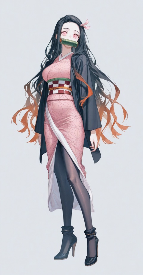 Kamado Nezuko,

large breasts,
1girl,
solo,
dress,high_heels,pantyhose,full body,standing,
masterpiece,best quality,very aesthetic,2024,2023,perfect composition,ultra-detailed,rolua,geometric pattern,white background,simple background,extreme aesthetic,(quasarcake:0.7),masterpiece,best quality,good quality,newest,year 2024,year 2023,very aesthetic,absurdres,looking_at_viewer,colorful,(dynamic_angle:1.2)