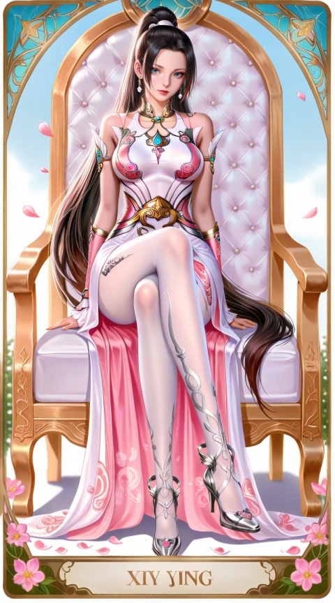 masterpiece,high quality,tall,game cg,highres,(soft light:1.2),(white_skin:0.6),(shiny_skin:0.6),(realistic:1.1),lvjing,
(boa hancock one piece:0.6),black hair,long hair,blue eyes,jewelry,earrings,multicolored hair,gradient hair,streaked hair,
art nouveau,traditional media,flower,xiamu,(tarot (medium):1.2),day,shadow,looking_at_viewer,,
clothes: xiaowu pink and white dress, xiaowu high heels, xiaowu white pantyhose, xiaowu white fingerless gloves, xiaowu metal collar, 1girl, solo, long hair, brown hair, petals, sitting, crossed legs, very long hair, ponytail, breasts, chair, throne, falling petals, full body