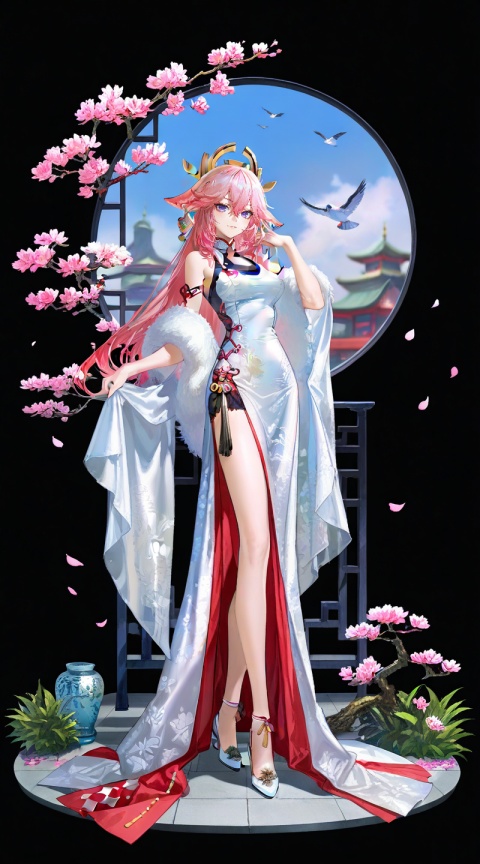 depth of field,masterpiece,best quality,very aesthetic,alternate costume,alternate costume,2024,2023,perfect composition,ultra-detailed,extreme aesthetic,masterpiece,best quality,good quality,newest,year 2024,year 2023,very aesthetic,absurdres,looking_at_viewer,colorful,lihui,
(transparent_background:1.2),(black_background:1.1),(quasarcake:0.7), 
yae miko,(pink hair:1.3),purple eyes,long hair,hair_ornament,(posing:1.3),(stylish_pose:1.2),legs,long legs,high_heels,
multicolored hair,gradient hair,streaked hair,
flower,day,shadow,
1girl, dress, white dress, solo, flower, bird, hair ornament, full body, holding, hair bun, earrings, jewelry, chinese clothes, ooking at viewer, sky, standing, 8