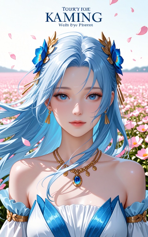masterpiece,high quality,tall,game cg,highres,(soft light:1.2),white_skin,(shiny_skin:0.6),(realistic:1.1),,lvjing,,tangwutong,1girl,long hair,dress,hair ornament,blue hair,solo,blue eyes,blue dress,white dress,breasts,looking at viewer,jewelry,bare shoulders,cover,english text,day,wind,floating hair,petals,floating petals,flower field,white_background,(portrait:1.1),necklace,





