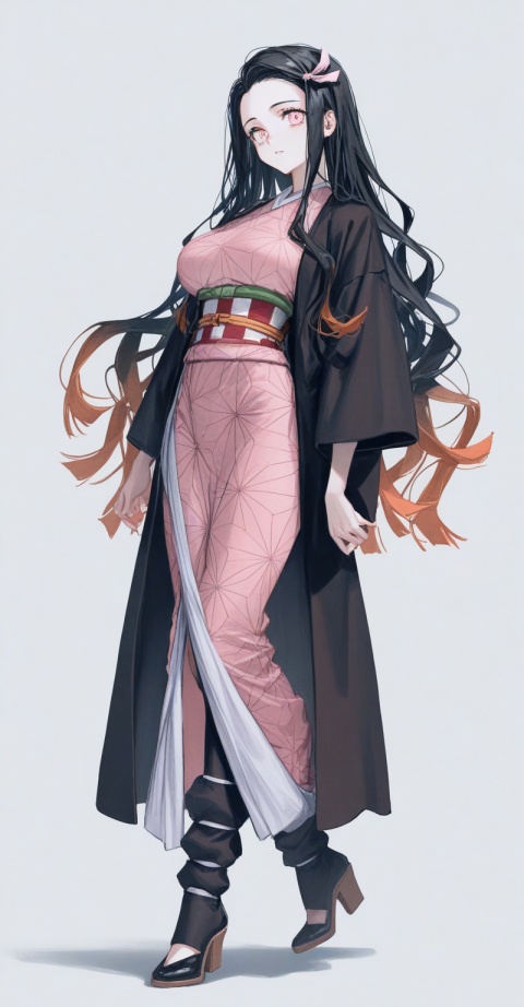 Kamado Nezuko,

large breasts,
1girl,
solo,
dress,high_heels,pantyhose,full body,standing,
masterpiece,best quality,very aesthetic,2024,2023,perfect composition,ultra-detailed,rolua,geometric pattern,white background,simple background,extreme aesthetic,(quasarcake:0.7),masterpiece,best quality,good quality,newest,year 2024,year 2023,very aesthetic,absurdres,looking_at_viewer,colorful,(dynamic_angle:1.2)