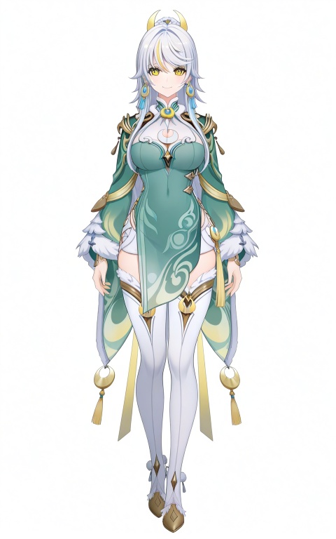 depth of field,masterpiece,best quality,very aesthetic,alternate costume,alternate costume,2024,2023,perfect composition,ultra-detailed,extreme aesthetic,masterpiece,best quality,good quality,newest,year 2024,year 2023,very aesthetic,absurdres,looking_at_viewer,colorful,,
zibai braid,white hair,multicolored hair,streaked hair,blonde hair,yellow eyes,high ponytail,very long hair,zibai crescent moon hair ornament,zibai yellow ribbon,clothes:zibai chinese clothes,zibai green and white dress,zibai white thigh boots,zibai long sleeves,zibai wide sleeves,1girl,solo,full body,breasts,looking at viewer,tassel,standing,jewelry,tachi-e,straight-on,large breasts,smile,closed mouth,arms at sides,white background,clothing cutout,earrings,simple background,cleavage cutout,zibai gold trim,zibai fur trim,zibai high heel boots,