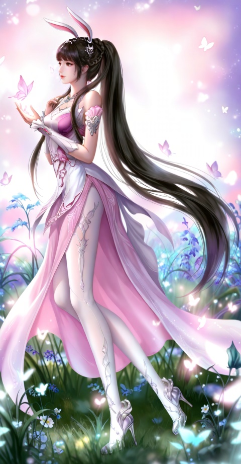 
masterpiece,high quality,tall,game cg,highres,(soft light:1.2),(white_skin:0.6),(shiny_skin:0.6),(realistic:1.1),lvjing,xiaowu,1girl,solo,long hair,dress,hair ornament,ponytail,brown eyes,brown hair,rabbit ears,animal ears,pink dress,metal collar,collar,bare shoulders,black hair,braid,legs,long legs,

xiaowu, 1girl, long hair, brown hair, high heels, dress, solo, butterfly, bug, flower, glowing butterfly, grass, hair ornament, pink dress, full body, white_pantyhose,