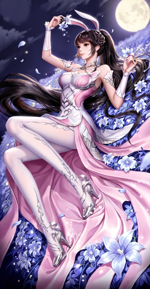
masterpiece,high quality,tall,game cg,highres,(soft light:1.2),(white_skin:0.6),(shiny_skin:0.6),(realistic:1.1),lvjing,xiaowu,1girl,solo,long hair,dress,hair ornament,ponytail,brown eyes,brown hair,rabbit ears,animal ears,pink dress,metal collar,collar,bare shoulders,black hair,braid,legs,

xiaowu,1girl,flower,solo,long hair,moon,ponytail,dress,petals,falling petals,holding flower,night,hair ornament,high heels,brown hair,pink dress,full moon,very long hair,arm up,white_pantyhose,lying,on back,