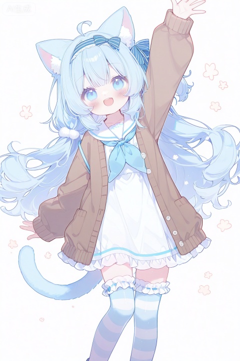 1girl, :d, ahoge, animal ear fluff, animal ears, arm up, blue eyes, blue hair, blue hairband, blue neckerchief, blue thighhighs, blush, borrowed character, brown cardigan, cardigan, cat ears, cat girl, cat tail, dot nose, dress, feet out of frame, frilled thighhighs, frills, hairband, long hair, long sleeves, looking at viewer, neckerchief, open cardigan, open clothes, open mouth, over-kneehighs, sailor collar, sailor dress, short dress, simple background, smile, solo, standing, striped clothes, striped hairband, striped thighhighs, tail, thighhighs, white background, white dress, white sailor collar, zettai ryouiki, absurdres, commentary request, commission, highres, skeb commission, wide shot
