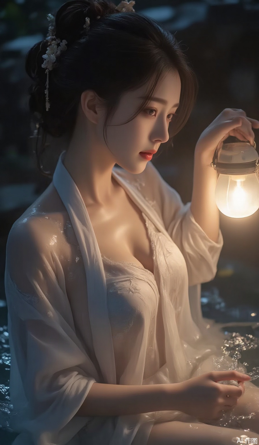 A Chinese beauty wearing Hanfu in a hot spring, cleavage, wet, half body, lantern, night