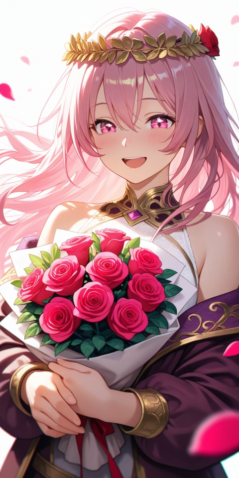 masterpiece, best quality, very aesthetic, highres, ultra detailed, extremely intricate details, finely rendered, sharp focus, soft frontal lighting, bright face, well-lit face, even lighting, realistic texture, rich colors, cinematic color grading, depth of field, atmospheric depth, layered composition, blurred foreground, soft atmosphere, intricate fabric texture, chromatic aberration,
1girl, solo, long hair, pink hair, pink eyes, hair between eyes, flower crown, blush, winking, open mouth, happy smile, fantasy outfit, white top, brown and purple jacket with gold accents, bare shoulders, holding large bouquet of pink and red roses with both hands, bouquet wrapped in purple paper, upper body, dynamic pose, hair flowing, plain white background with pink rectangle, falling pink petals, bright soft lighting, cheerful atmosphere, sparkling highlights, three quarter view, dynamic angle