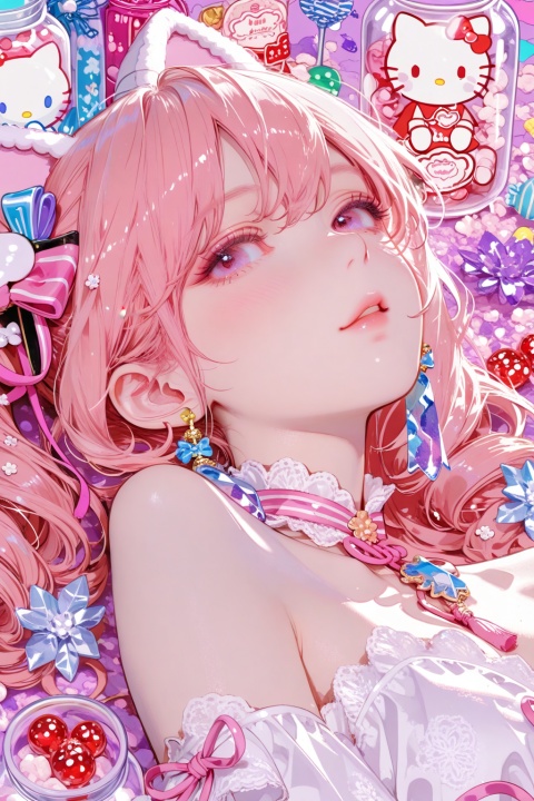 A beautiful East Asian girl, sweet, cool and playful, with fair skin and beautiful appearance, long curly pink hair with full decorations, wearing Y2K trendy clothes, surrounded by Hello Kitty elements, with a super cute posture, like a sweet hot girl with a rebellious spirit in a candy jar. Super realistic and charming expression. Close-up, maximalism, extreme details, ultra-fine, ultra-high texture, 8K resolution, crystal tassels, background flowers,