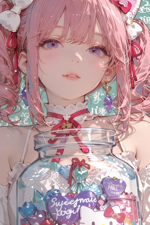 A beautiful East Asian girl, sweet, cool and playful, with fair skin and beautiful appearance, long curly pink hair with full decorations, wearing Y2K trendy clothes, surrounded by Hello Kitty elements, with a super cute posture, like a sweet hot girl with a rebellious spirit in a candy jar. Super realistic and charming expression. Close-up, maximalism, extreme details, ultra-fine, ultra-high texture, 8K resolution, crystal tassels, background flowers,