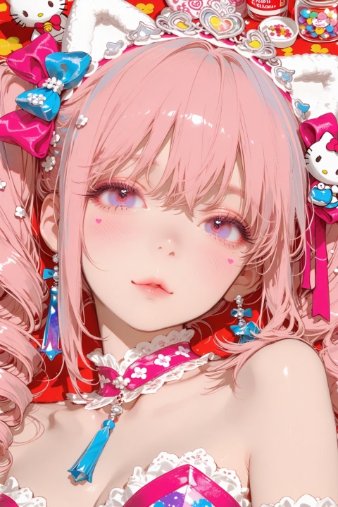 A beautiful East Asian girl, sweet, cool and playful, with fair skin and beautiful appearance, long curly pink hair with full decorations, wearing Y2K trendy clothes, surrounded by Hello Kitty elements, with a super cute posture, like a sweet hot girl with a rebellious spirit in a candy jar. Super realistic and charming expression. Close-up, maximalism, extreme details, ultra-fine, ultra-high texture, 8K resolution, crystal tassels, background flowers,