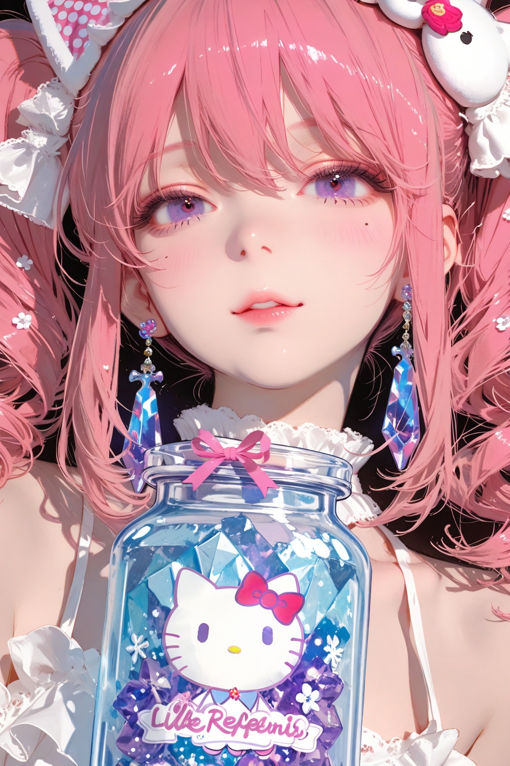 A beautiful East Asian girl, sweet, cool and playful, with fair skin and beautiful appearance, long curly pink hair with full decorations, wearing Y2K trendy clothes, surrounded by Hello Kitty elements, with a super cute posture, like a sweet hot girl with a rebellious spirit in a candy jar. Super realistic and charming expression. Close-up, maximalism, extreme details, ultra-fine, ultra-high texture, 8K resolution, crystal tassels, background flowers,