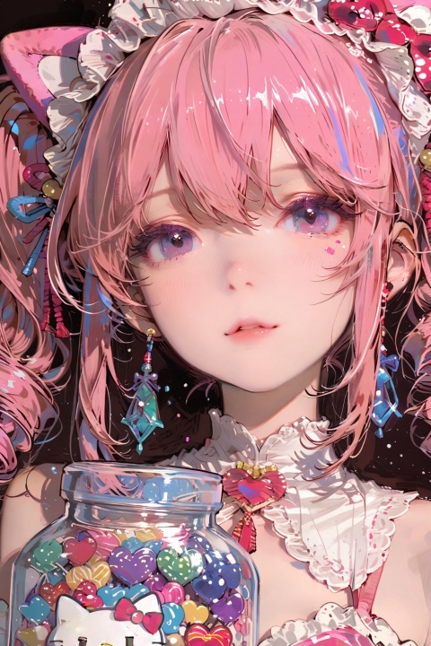 A beautiful East Asian girl, sweet, cool and playful, with fair skin and beautiful appearance, long curly pink hair with full decorations, wearing Y2K trendy clothes, surrounded by Hello Kitty elements, with a super cute posture, like a sweet hot girl with a rebellious spirit in a candy jar. Super realistic and charming expression. Close-up, maximalism, extreme details, ultra-fine, ultra-high texture, 8K resolution, crystal tassels, background flowers,