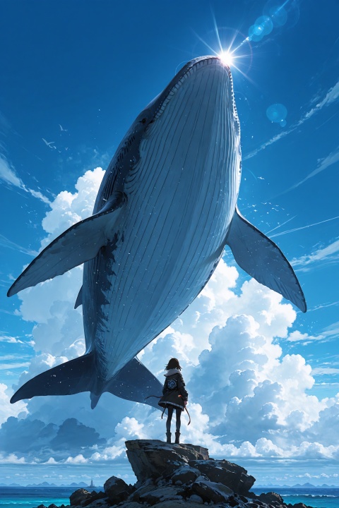 (masterpiece:1.2), (best quality), (Makoto Shinkai style:1.4), 1girl, standing, back to viewer, tiny figure, looking at a (giant whale made of clouds:1.3), whale swimming in the sky, sea of clouds, magnificent sky, (Tyndall effect:1.2), sunlight filtering, vibrant blue sky, cinematic composition, breathtaking