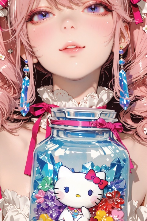 A beautiful East Asian girl, sweet, cool and playful, with fair skin and beautiful appearance, long curly pink hair with full decorations, wearing Y2K trendy clothes, surrounded by Hello Kitty elements, with a super cute posture, like a sweet hot girl with a rebellious spirit in a candy jar. Super realistic and charming expression. Close-up, maximalism, extreme details, ultra-fine, ultra-high texture, 8K resolution, crystal tassels, background flowers,