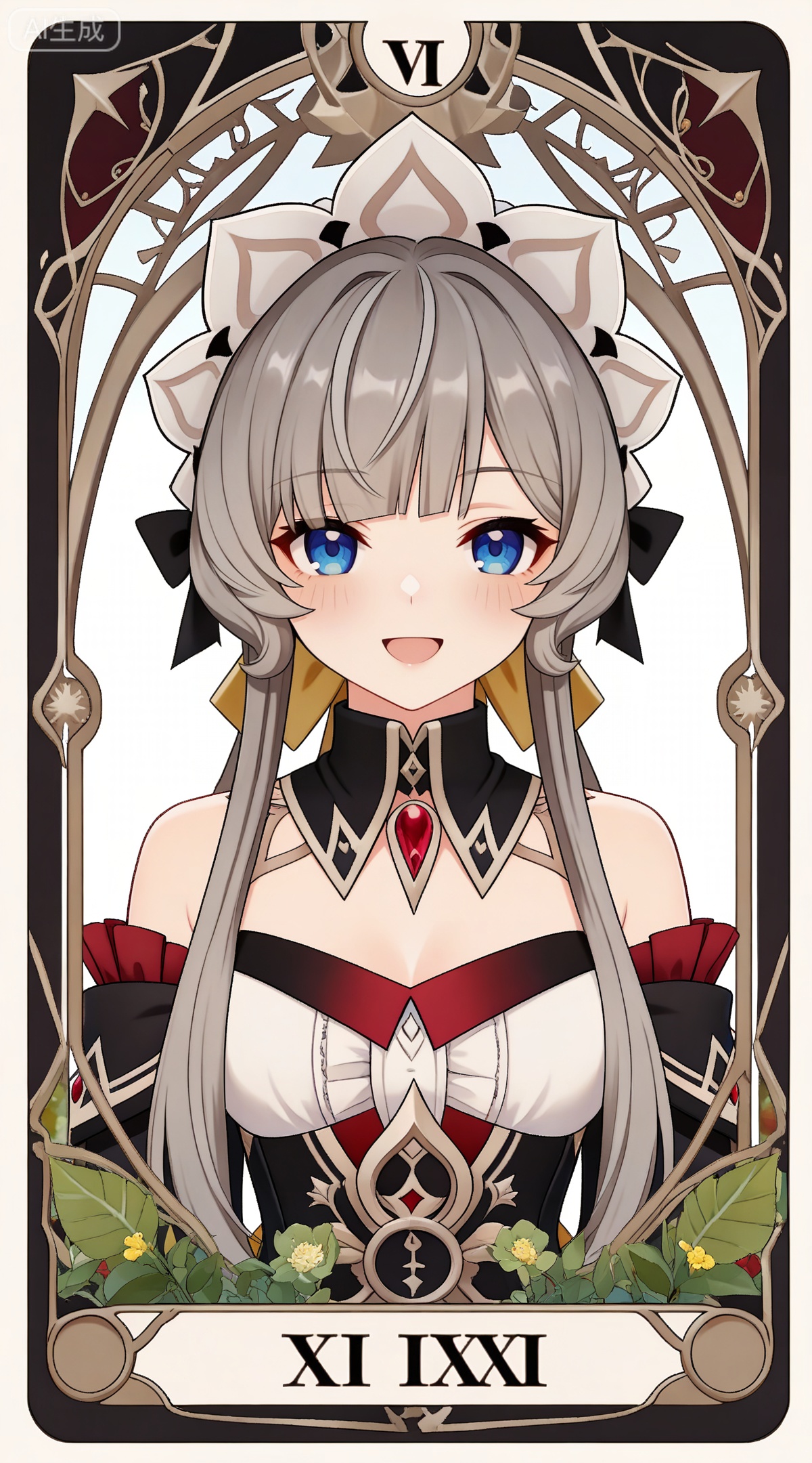 depth of field,masterpiece,best quality,very aesthetic,alternate costume,alternate costume,2024,2023,perfect composition,ultra-detailed,extreme aesthetic,masterpiece,best quality,good quality,newest,year 2024,year 2023,very aesthetic,absurdres,looking_at_viewer,colorful,,brown hair,grey hair,blue eyes,blunt bangs,braid,braided bun,detached collar,hair bow,headdress,maid headdress,hair bun,french braid,short hair with long locks,muou black and white dress,muou detached sleeves,muou frilled sleeves,1girl,solo,looking at viewer,breasts,simple background,upper body,white background,open mouth,smile,bare shoulders,cleavage,:d,medium breasts,
art nouveau,traditional media,flower,xiamu,(tarot (medium):1.2),day,shadow,