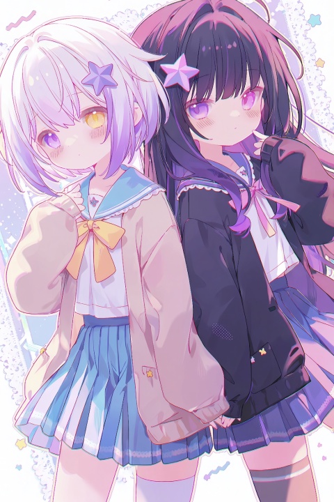 masterpiece, best quality, score_7, very aesthetic, loli,chibi,long hair, looking at viewer, blush, short hair, bangs, multiple girls, skirt, shirt, black hair, hair ornament, thighhighs, long sleeves, ribbon, 2girls, hair between eyes, closed mouth, school uniform, purple eyes, jacket, yellow eyes, white shirt, purple hair, white hair, multicolored hair, pleated skirt, open clothes, serafuku, sailor collar, star \(symbol\), blue skirt, black jacket, sleeves past wrists, heterochromia, cardigan, star hair ornament, back-to-back