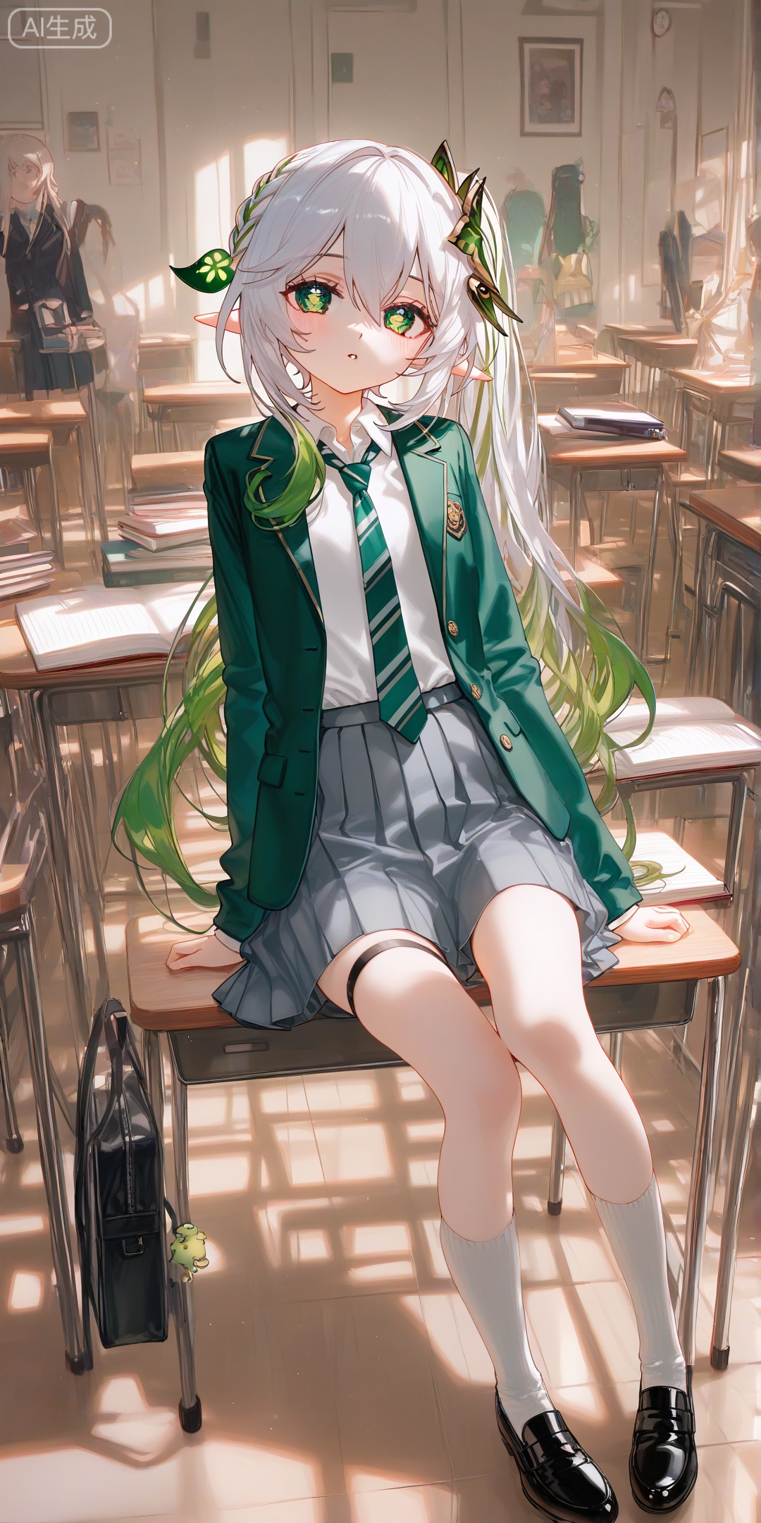 masterpiece,highres,absurdres,newest,best quality,high quality,chromatic_aberration,shiny_skin,
//,
Nahida_(Genshin_Impact),1girl, solo, long hair, looking at viewer, bangs, skirt, shirt, hair ornament, long sleeves, ribbon, sitting, school uniform,  jacket, full body, hair ribbon, white shirt, braid, pleated skirt, parted lips, open clothes, necktie, shoes, striped, collared shirt, indoors, bag, black footwear, open jacket, black jacket, book, black ribbon, thigh strap, blazer, desk, grey skirt, school bag, green jacket, open book, pen, shirt tucked in, striped necktie, green necktie, notebook
//,
(ciloranko:0.9),(wanke:0.5),(umehara_sei:1.2),(shiina_1001:0.8),(chiu538:0.7),(sakura_(39ra):0.6),(qizhu:0.88),(mikisai:0.5),kinako_(shiratama_mochi),