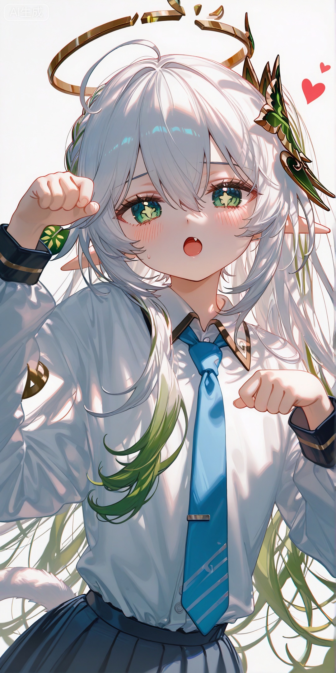masterpiece,highres,absurdres,newest,best quality,high quality,chromatic_aberration,shiny_skin,
//,
Nahida_(Genshin_Impact),1girl, solo, long hair, looking at viewer, blush, open mouth, bangs,  skirt, simple background, shirt, long sleeves, white background, hair between eyes, tail,  white shirt, upper body,  ahoge, heart, necktie, fang, collared shirt,  heterochromia, halo, paw pose, blue necktie, 
//,
(ciloranko:0.9),(wanke:0.5),(umehara_sei:1.2),(shiina_1001:0.8),(chiu538:0.7),(sakura_(39ra):0.6),(qizhu:0.88),(mikisai:0.5),kinako_(shiratama_mochi),