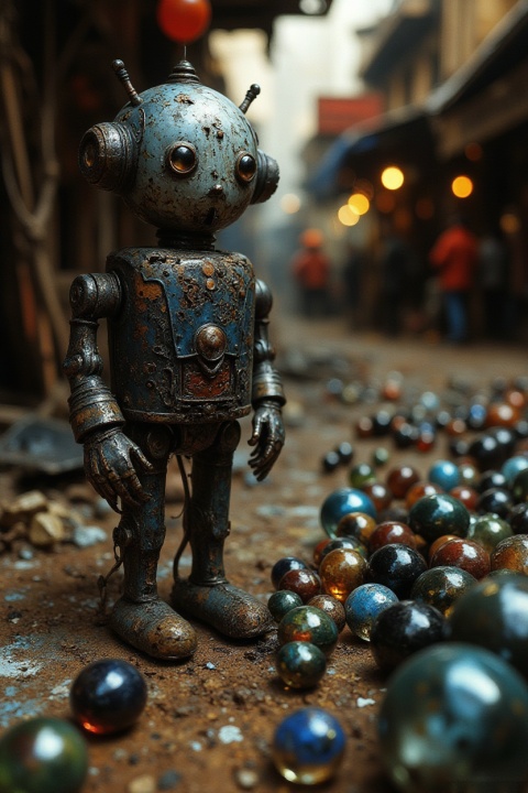 A moody, artistic shot of a weathered tin toy robot standing next to a pile of old glass marbles on a dusty table. The paint on the robot is chipped, showing silvery metal underneath. The marbles catch a stray beam of light, glowing with swirling inner colors. The background is a hazy blur of a crowded market. Cinematic lighting, high contrast, capturing a sense of forgotten joy and "Toy Story" melancholy.