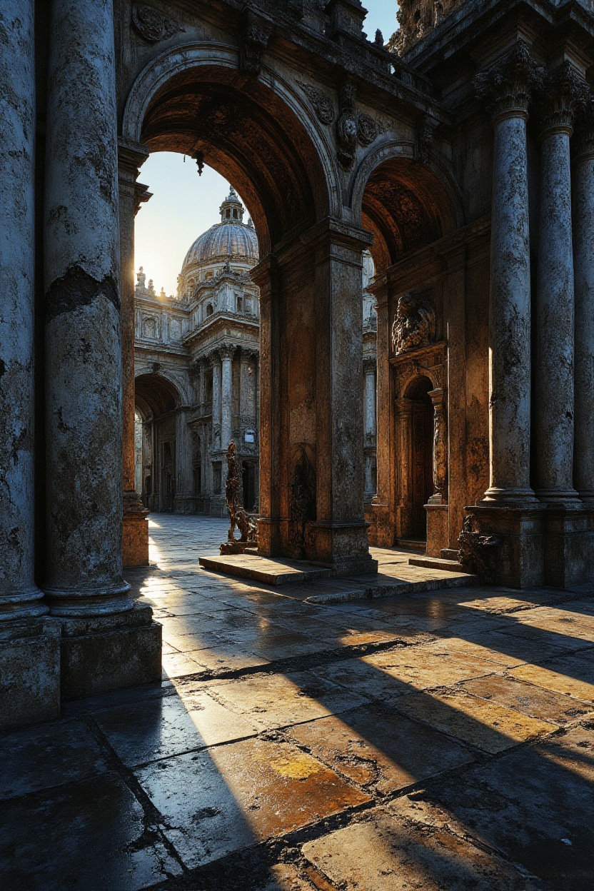 A moody,  high-contrast photography shot of a grand neoclassical landmark building at dusk. Massive Corinthian columns cas...