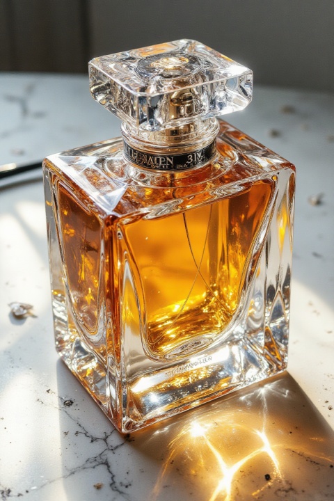 An extreme macro shot of a heavy, crystal perfume bottle with sharp, architectural facets. The golden liquid inside acts as a prism, casting complex, amber-hued light patterns and caustic reflections onto a white marble surface. The lighting is crisp and directional, highlighting the "V" shape of the glass bottom. High-end luxury product photography, crystalline clarity, and sophisticated minimalism. 8K resolution.