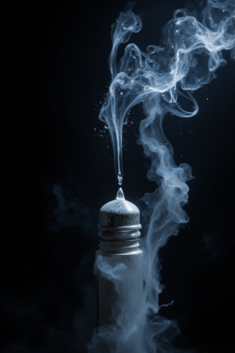 A cinematic, high-speed photography shot of a perfume being sprayed into a dark, moody void. Thousands of microscopic droplets are frozen in mid-air, forming an ethereal, swirling cloud that looks like cosmic dust. A sharp side-light catches the mist, making it glow like silver silk. Elegant, mysterious, and dynamic. Sharp focus on the nozzle and the beginning of the vapor trail.
