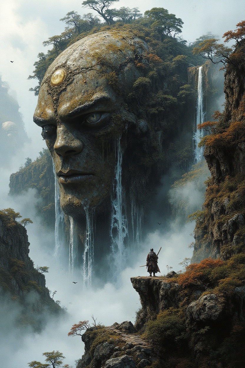 A tiny wandering samurai confronting an enormous sleeping stone giant whose body forms an entire mountain,  waterfalls cas...