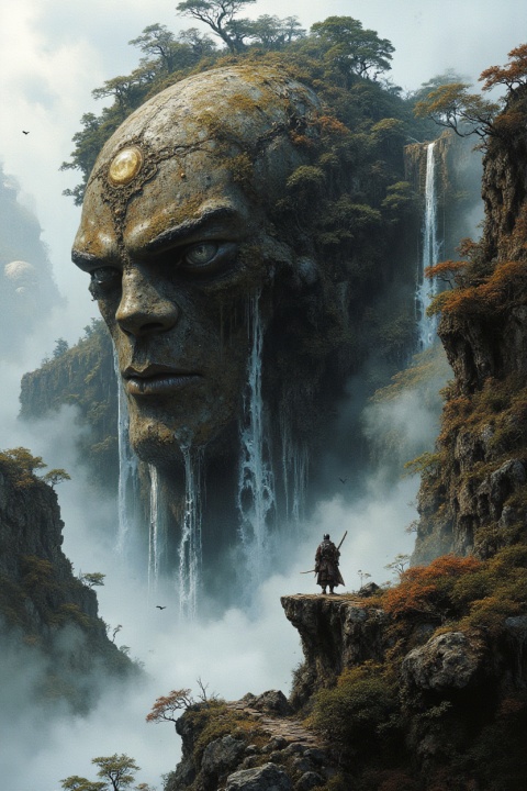 A tiny wandering samurai confronting an enormous sleeping stone giant whose body forms an entire mountain, waterfalls cascading from the giant's shoulders, ancient trees growing along its armor, birds circling through mist, the samurai standing fearlessly on a narrow cliff, surreal fantasy, impossible scale, soft sunrise light, highly detailed environmental storytelling, epic matte painting
