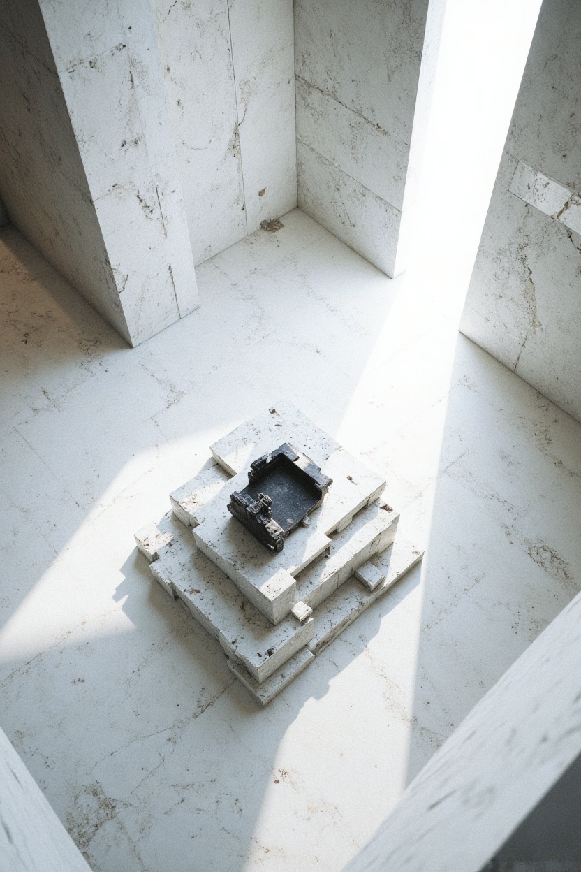 A minimalist,  high-angle graphic design study of an avant-garde concept throne room. The throne is reduced to a pure,  sh...