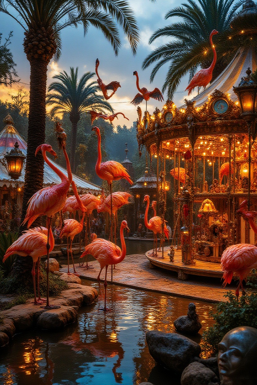 A spectacular vintage carnival hosted entirely by flamingos beside a tropical lagoon,  elegant flamingos wearing tiny elab...