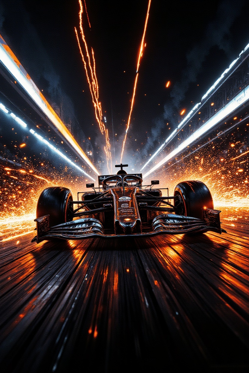 A breathtaking,  low-angle tracking shot of an F1 car screaming through a night circuit (like Singapore). Intense orange a...