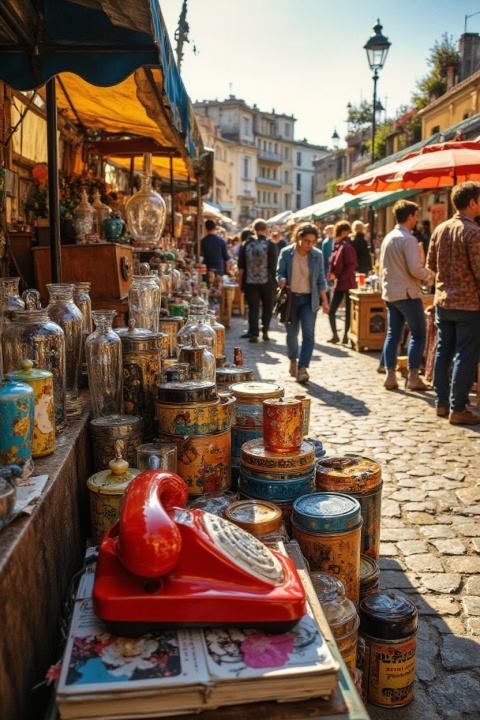 A wide-angle, high-key photography shot of a bustling weekend flea market in a cobblestone square. Rows of colorful striped umbrellas shade tables laden with mid-century glassware and stacks of vinyl records. The atmosphere is bright and airy. Sharp focus on the foreground items—a bright red retro rotary phone and a stack of colorful tin cans—with a soft bokeh of the crowd in the distance. Energetic, nostalgic, and documentary style.