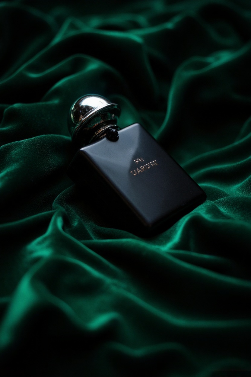 A close-up of a sleek,  matte black perfume bottle with a heavy silver cap,  resting on a pile of deep emerald green silk...