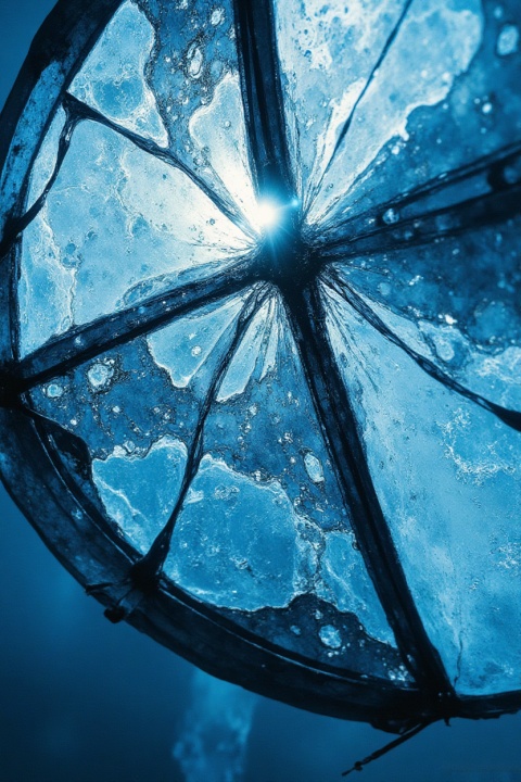An extreme macro, close-up photography shot focusing on the high-tension sail cloth of a professional stunt kite mid-flight. The focus is razor-sharp on the micro-grid texture of a translucent, ice-blue ripstop nylon membrane, detailing the intense stress-stretch lines radiating from a structural carbon-fiber spine. A powerful, directional high-angle sun cuts through the fabric, generating a brilliant subsurface scattering (SSS) glow and defining a complex parametric curvature formed by aerodynamic drag. The air boundaries exhibit subtle atmospheric refraction index distortion (heat/pressure shimmer). Hyper-realistic, 8K resolution, capturing absolute material fidelity.